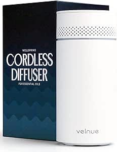 VELNUE Cordless Diffuser for Essential Oils | Portable Diffuser, Battery Operated & Wireless | Can use in Car Cupholder | USB Rechargeable | Model: Wellspring (White)